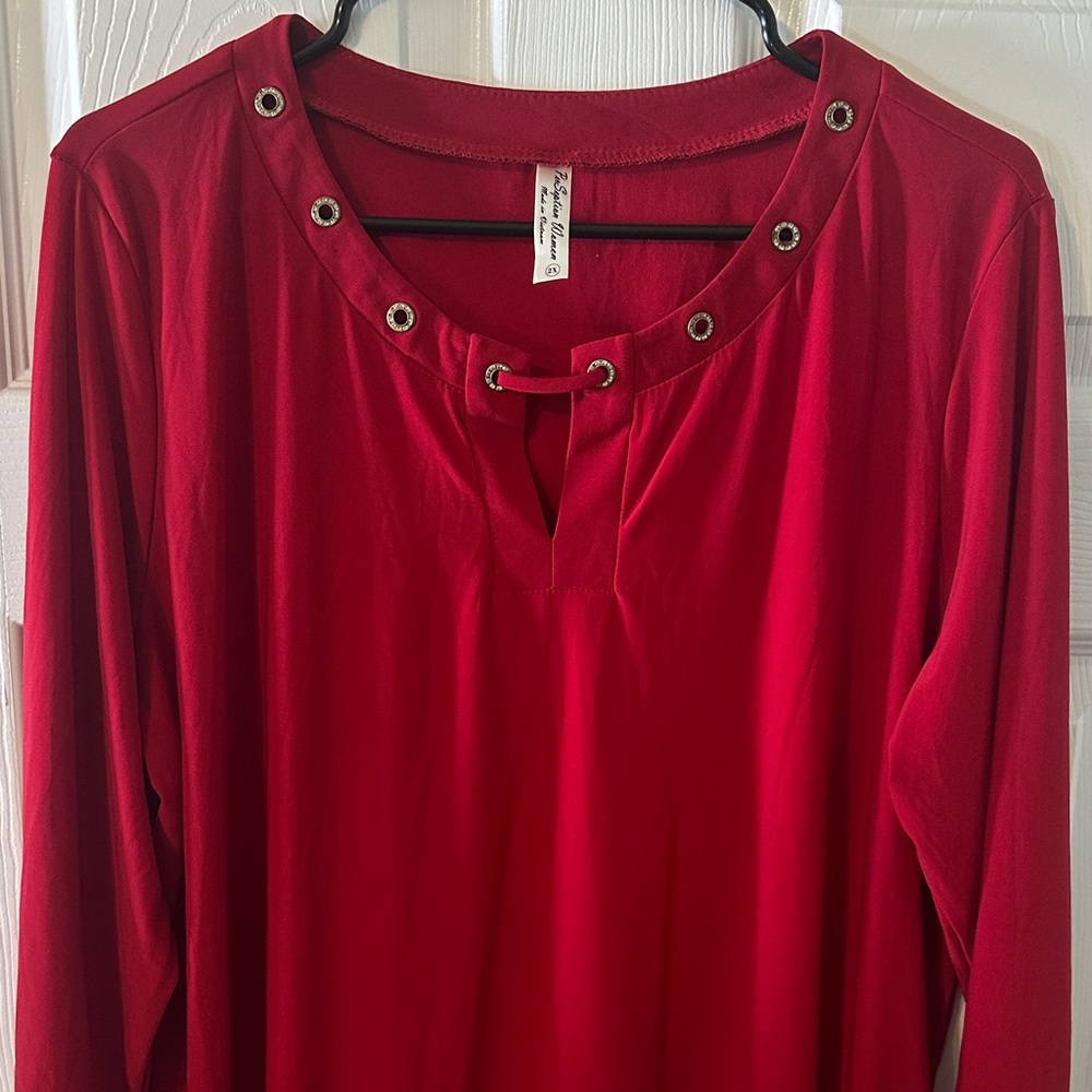 Perseption Red Eyelet Lace-Up Long Sleeve Blouse - Picture 2 of 7